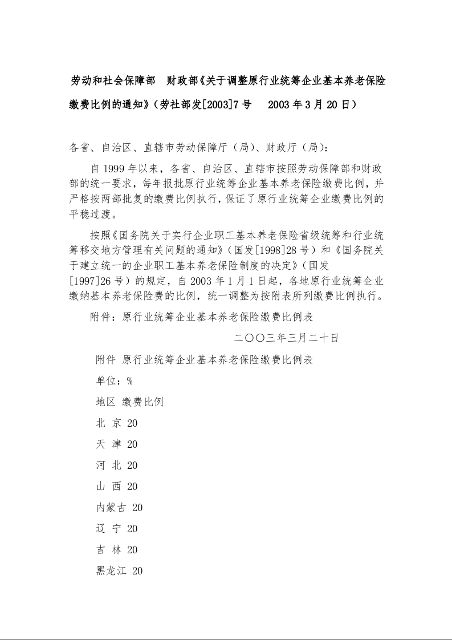 劳动和社会保障部  财政部《关于调整原行业统筹企业基本养老保险缴费比例的通知》