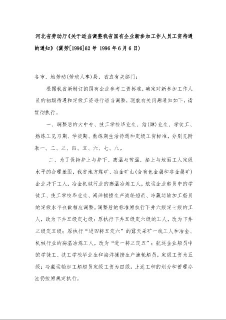 河北省劳动厅《关于适当调整我省国有企业新参加工作人员工资待遇的通知》 