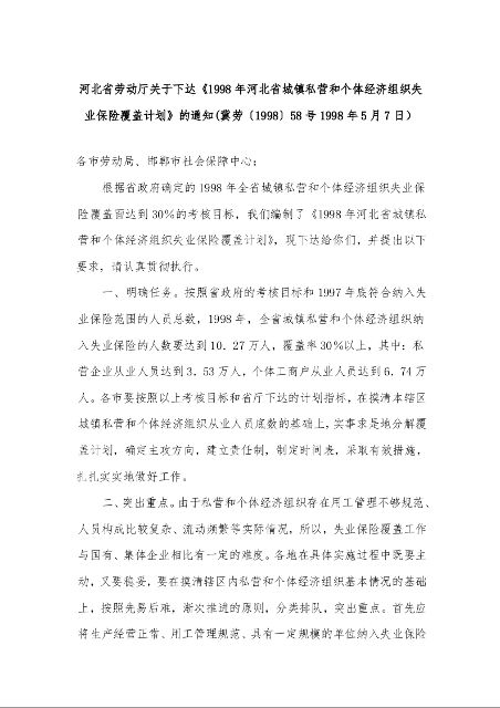 河北省劳动厅关于下达《1998年河北省城镇私营和个体经济组织失业保险覆盖计划》的通知