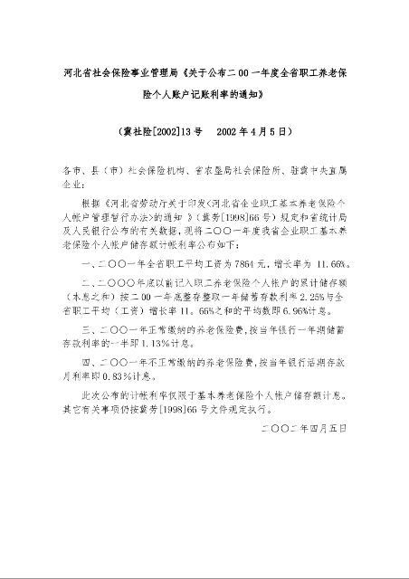 河北省社会保险事业管理局《关于公布二00一年度全省职工养老保险个人账户记账利率的通知》