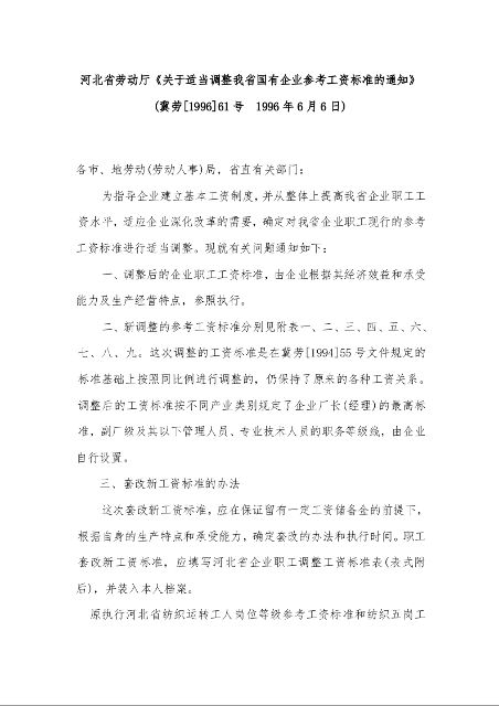 河北省劳动厅《关于适当调整我省国有企业参考工资标准的通知》 ( 1996年6月6日)