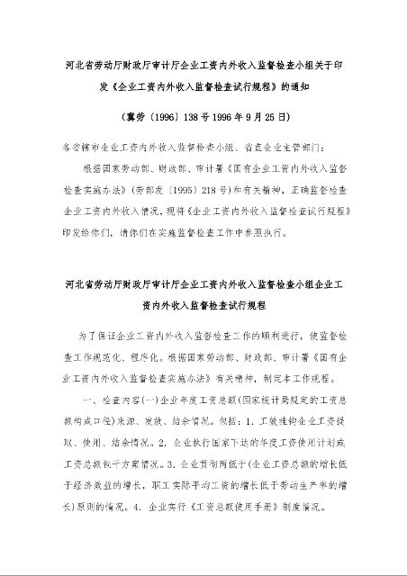 河北省劳动厅财政厅审计厅企业工资内外收入监督检查小组关于印发《企业工资内外收入监督检查试行规程》的通知1