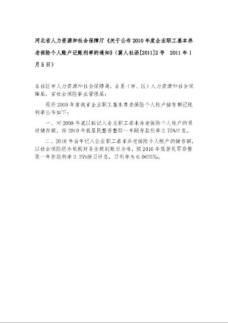 河北省人力资源和社会保障厅《关于公布2010年度企业职工基本养老保险个人账户记账利率的通知》冀人社发[2012]44号  