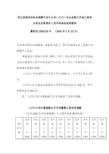 河北省劳动和社会保障厅关于公布二○○二年全省职工平均工资和全省企业离退休人员平均养老金的通知  