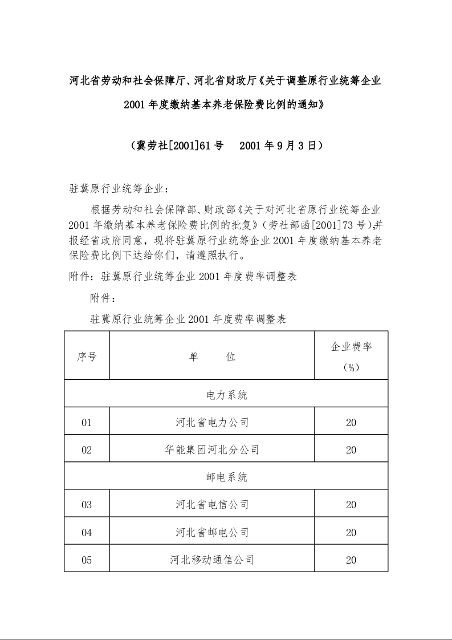 河北省劳动和社会保障厅、河北省财政厅《关于调整原行业统筹企业2001年度缴纳基本养老保险费比例的通知》