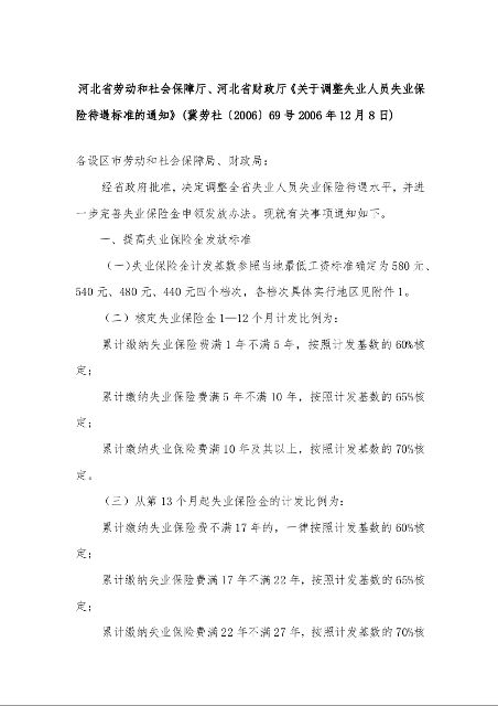 河北省劳动和社会保障厅、河北省财政厅《关于调整失业人员失业保险待遇标准的通知》