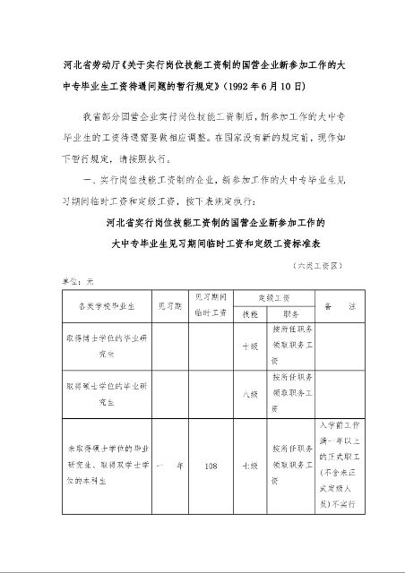 河北省劳动厅《关于实行岗位技能工资制的国营企业新参加工作的大中专毕业生工资待遇问题的暂行规定》