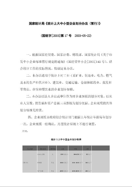 国家统计局《统计上大中小型企业划分办法(暂行)》