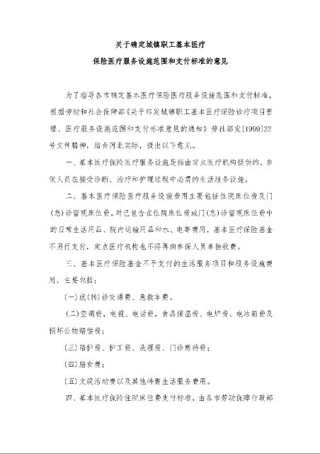 关于确定城镇职工基本医疗 保险医疗服务设施范围和支付标准的意见