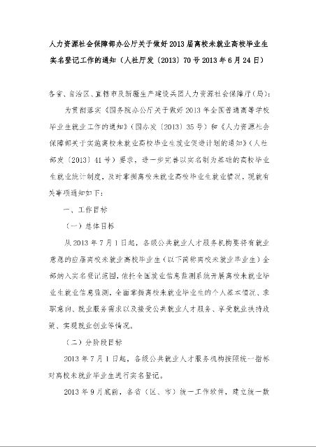 人力资源社会保障部办公厅关于做好2013届离校未就业高校毕业生实名登记工作的通知