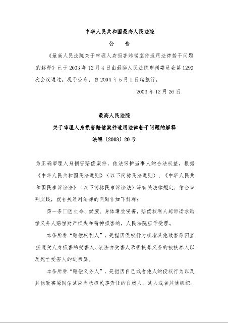 最高人民法院  关于审理人身损害赔偿案件适用法律若干问题的解释  
