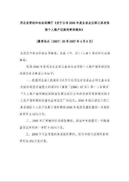 河北省劳动和社会保障厅《关于公布2006年度全省企业职工养老保险个人账户记账利率的通知》冀劳社办〔2007〕30号